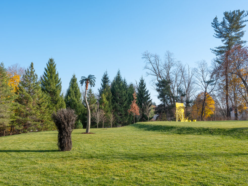 Exterior view of a sculpture garden displaying a sculpture of a palm tree and a sculpture of a bush made of wire rope.