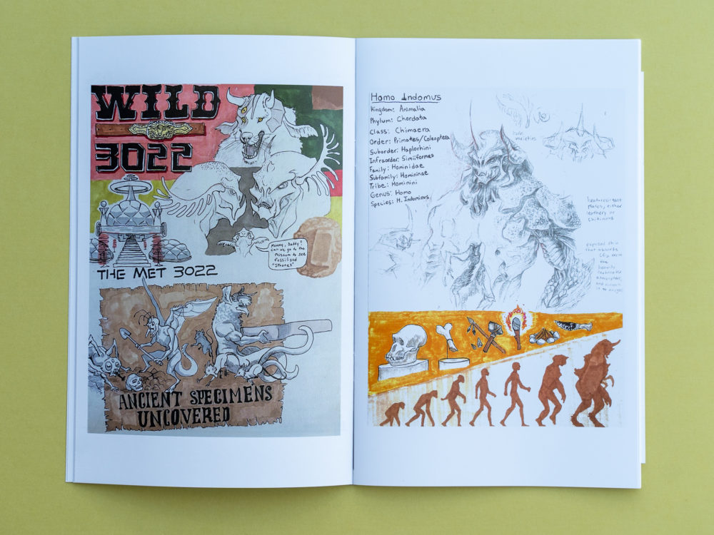 Zine spread with an illustration of "museums of the future"