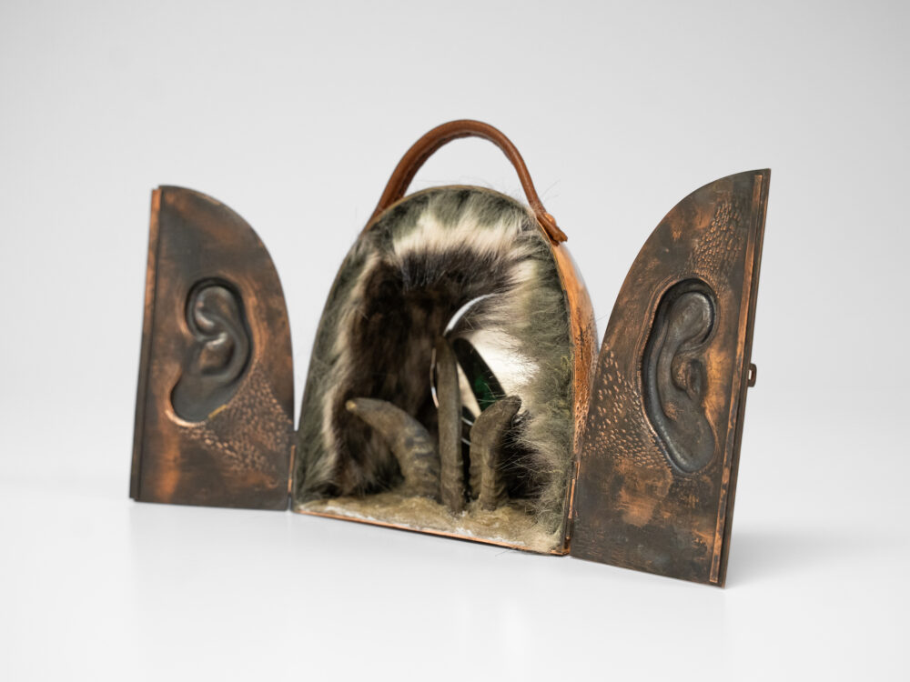 Cooper box with front two doors open like french doors. Inside the box is fur, horns, and a reflective mirror.