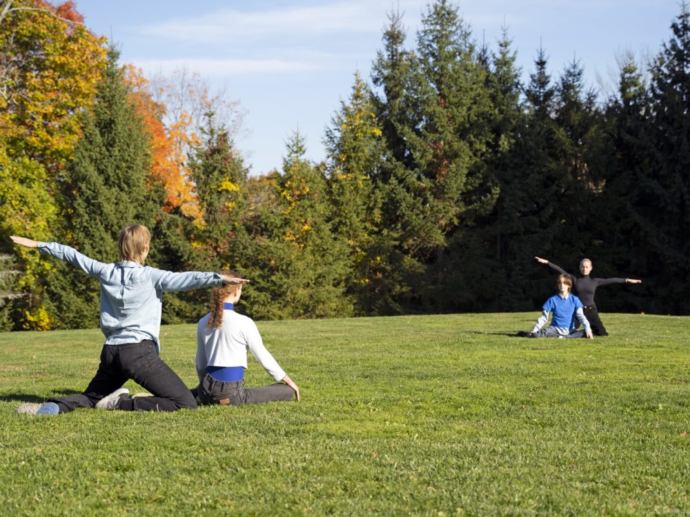 Photos of two pairs of dancers in a field sitting one in front of the other.