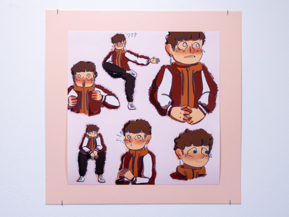 A digital illustration of a young man in various stages of action and emotion.