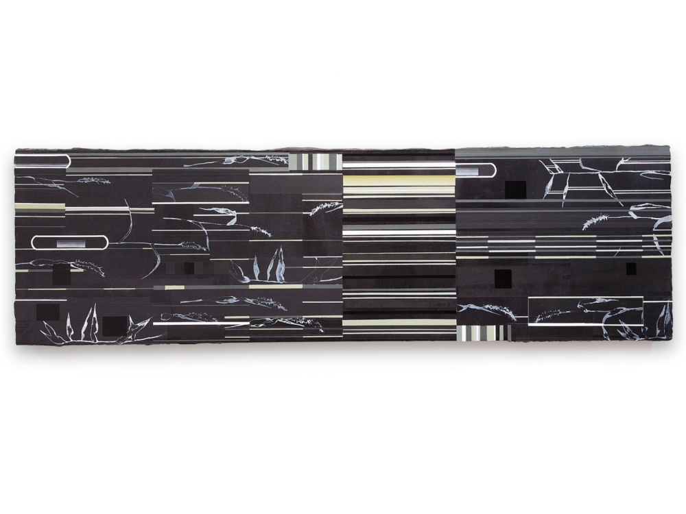 Abstract horizontal black and white painting.