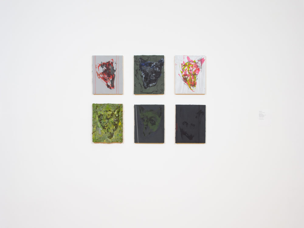 Grid of six abstract coyote paintings hung on a white wall.