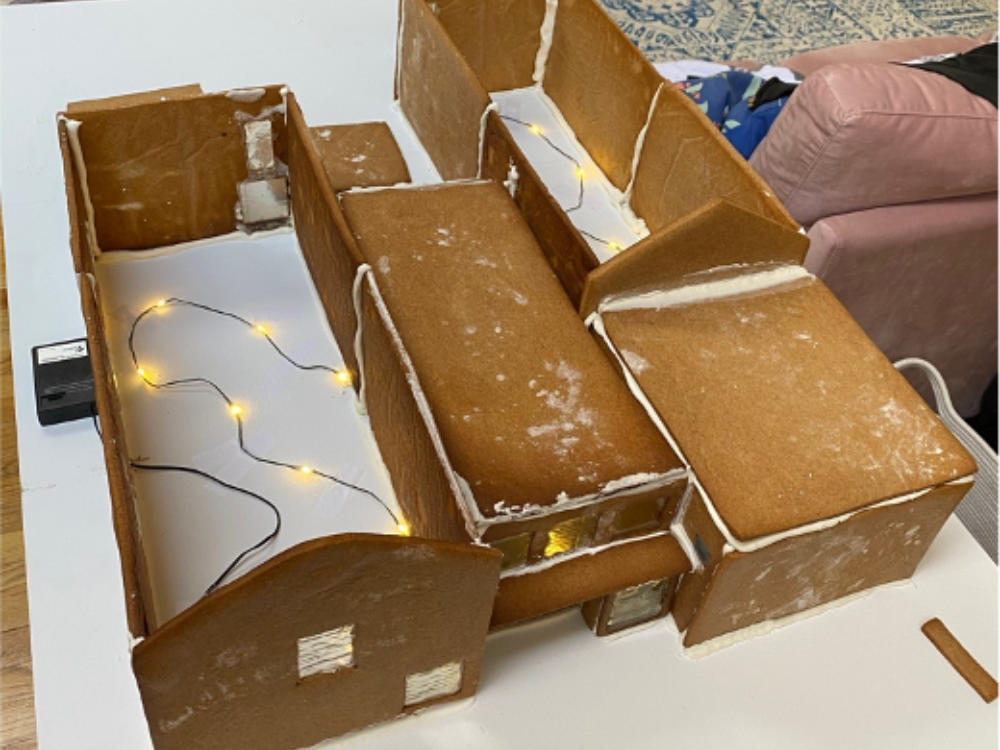 Gingerbread replica of The Aldrich Contemporary Art Museum with lights