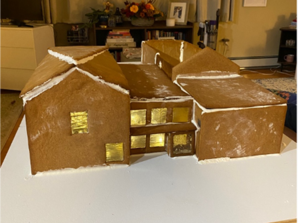 Gingerbread replica of the front of The Aldrich Contemporary Art Museum