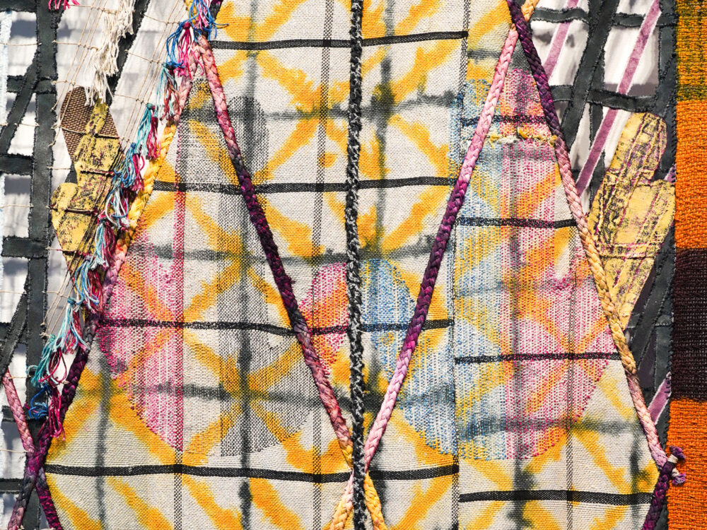 Colorful, Dyed, Woven, Braided, Tied, Hand-Sewn Monumental Tapestry by Artist Julia Bland.