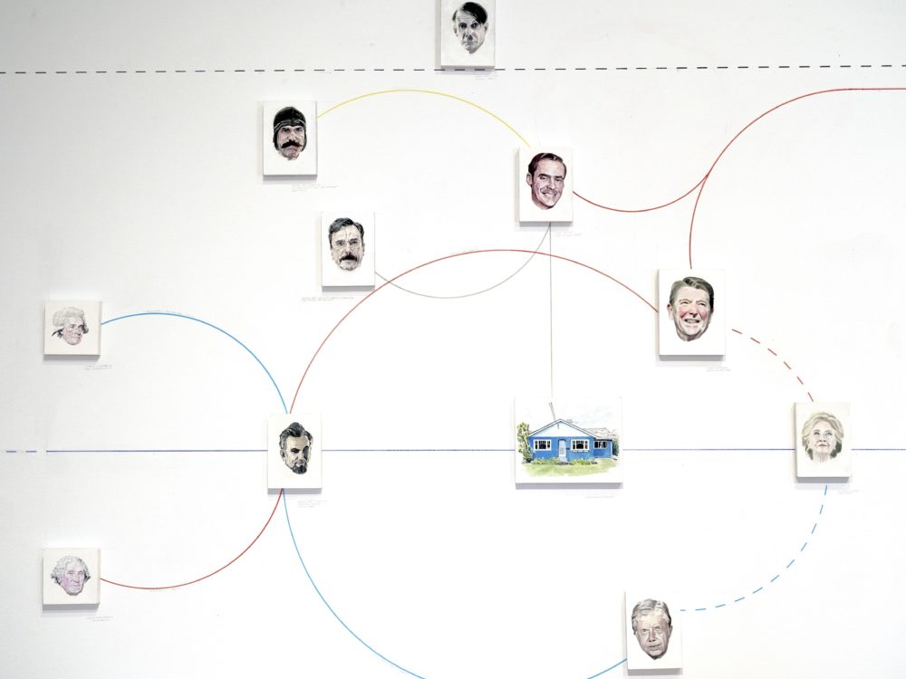 Installation image of William Powhida's wall installation showcasing portraits of politicians linked by different color lines as a timeline.